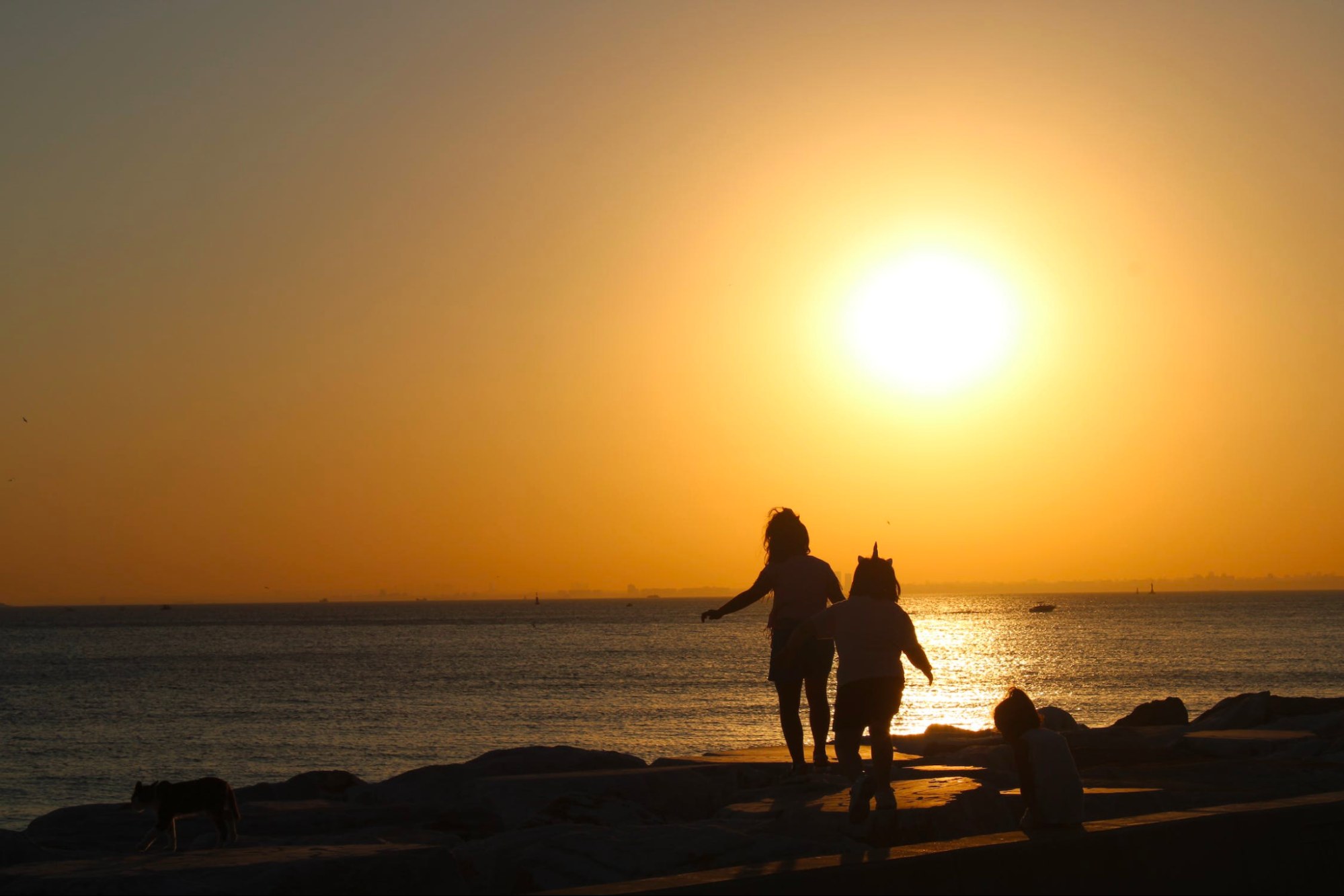 Two children playing on the shore near sunset