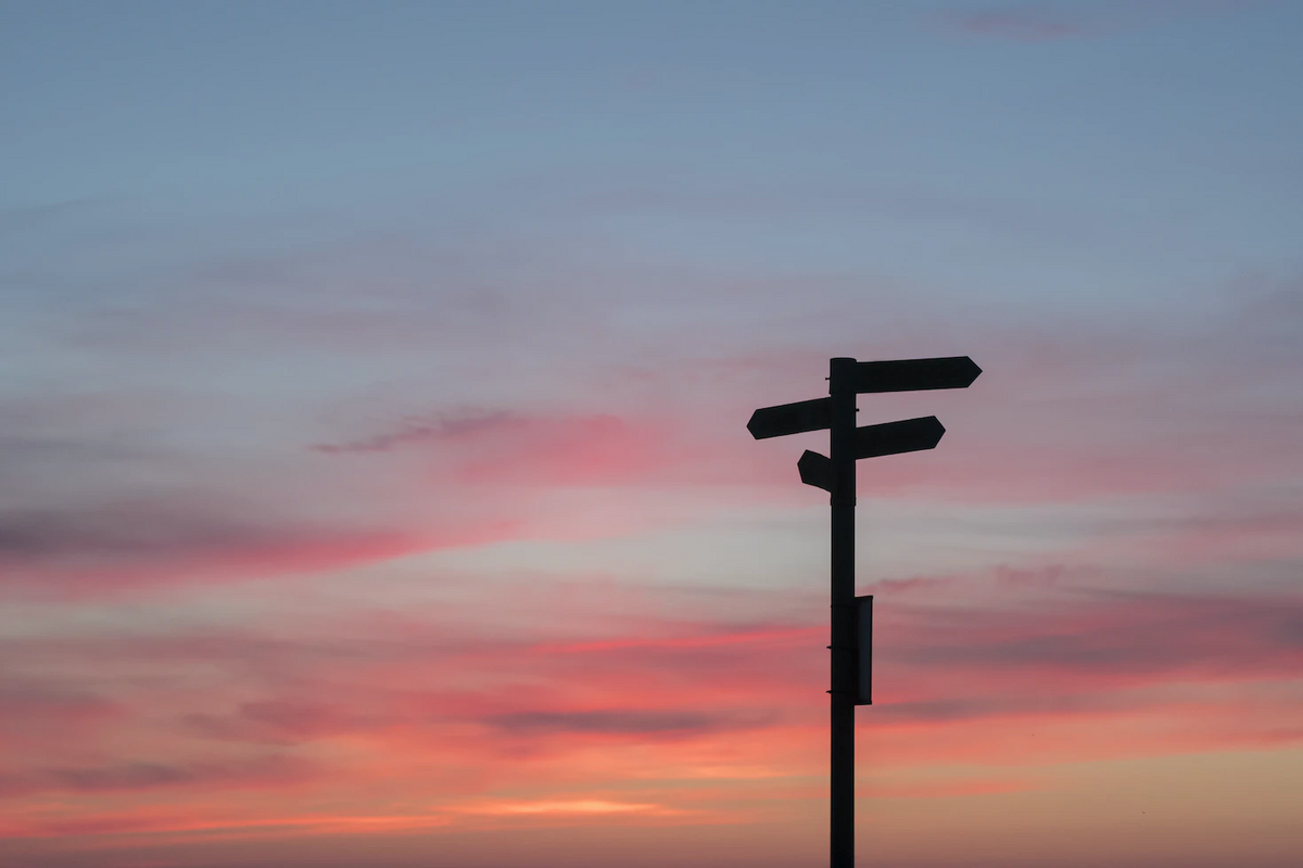 This is an image of a crossroads, with several signs pointing in different directions.